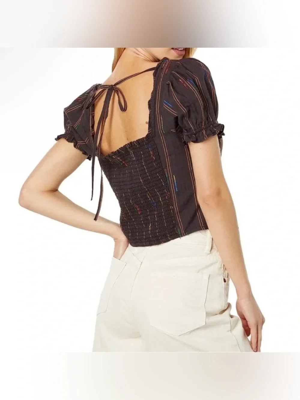 Free People Brown Striped Square-Neck Puff Sleeve Blouse - Size XS